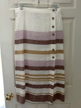 Rachel Zoe size L Striped Linen Midi Skirt in White, Lilac & Brown